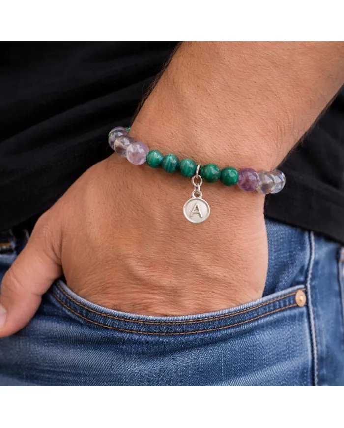 Super 7 Beads Bracelet with Malachite - 925 Silver Personalised Initial Charm