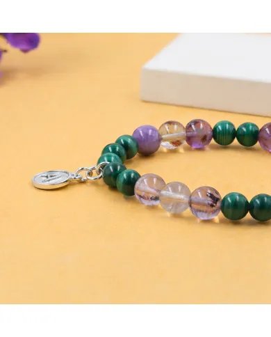 Super 7 Beads Bracelet with Malachite - 925 Silver Personalised Initial Charm