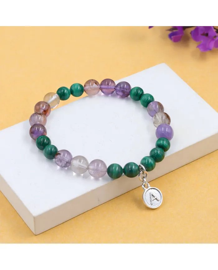 Super 7 Beads Bracelet with Malachite - 925 Silver Personalised Initial Charm
