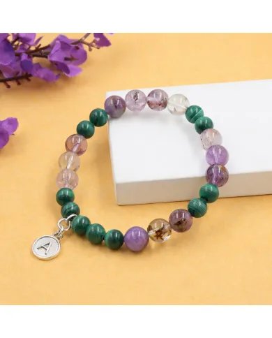 Super 7 Beads Bracelet with Malachite - 925 Silver Personalised Initial Charm