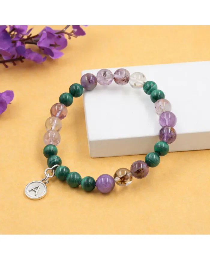 Super 7 Beads Bracelet with Malachite - 925 Silver Personalised Initial Charm