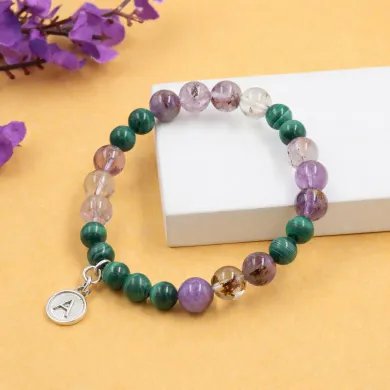 Super 7 Beads Bracelet with Malachite - 925 Silver Personalised Initial Charm