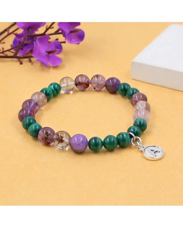 Super 7 Beads Bracelet with Malachite - 925 Silver Personalised Initial Charm