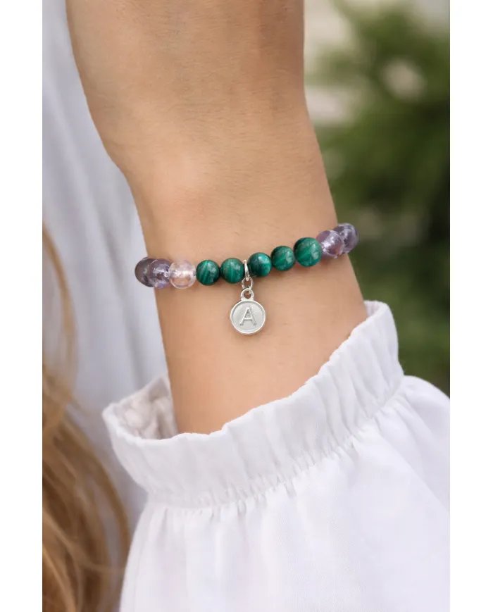 Super 7 Beads Bracelet with Malachite - 925 Silver Personalised Initial Charm