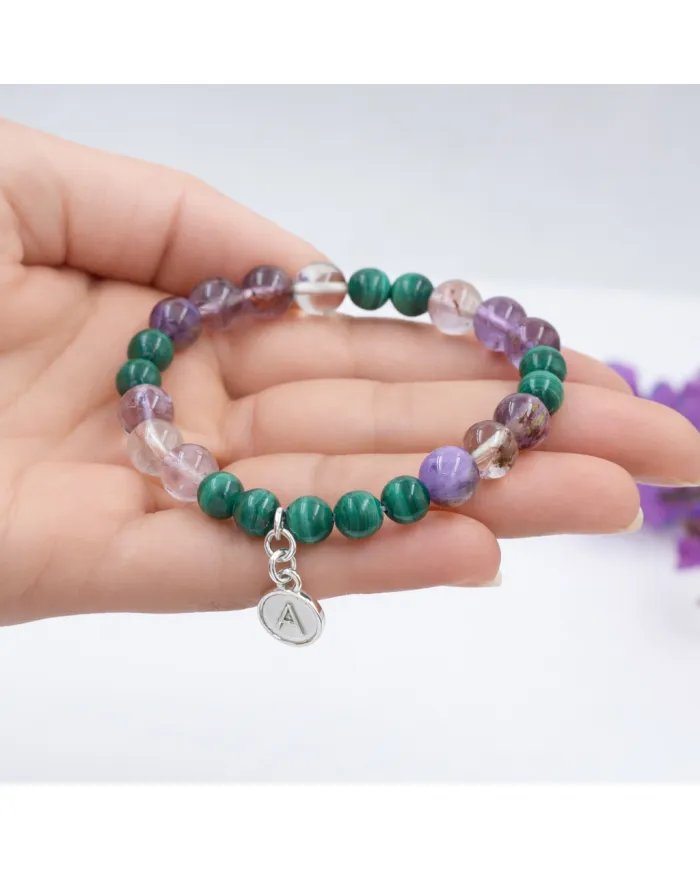 Super 7 Beads Bracelet with Malachite - 925 Silver Personalised Initial Charm