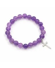Amethyst Beads Bracelet - 925 Silver Cross Charm Unisex Jewelry