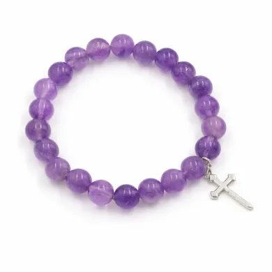Amethyst Beads Bracelet - 925 Silver Cross Charm Unisex Jewelry