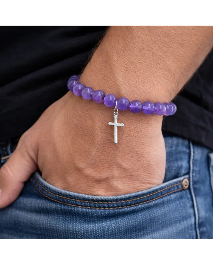 Amethyst Beads Bracelet - 925 Silver Cross Charm Unisex Jewelry