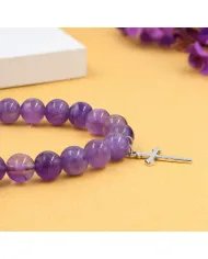 Amethyst Beads Bracelet - 925 Silver Cross Charm Unisex Jewelry