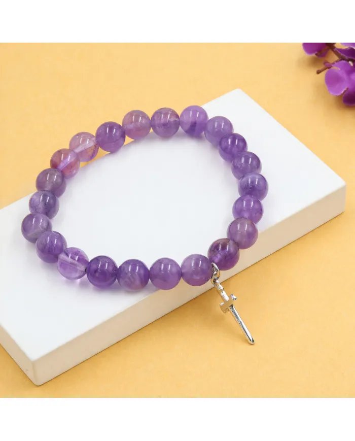 Amethyst Beads Bracelet - 925 Silver Cross Charm Unisex Jewelry