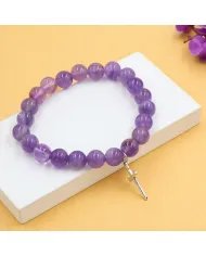 Amethyst Beads Bracelet - 925 Silver Cross Charm Unisex Jewelry