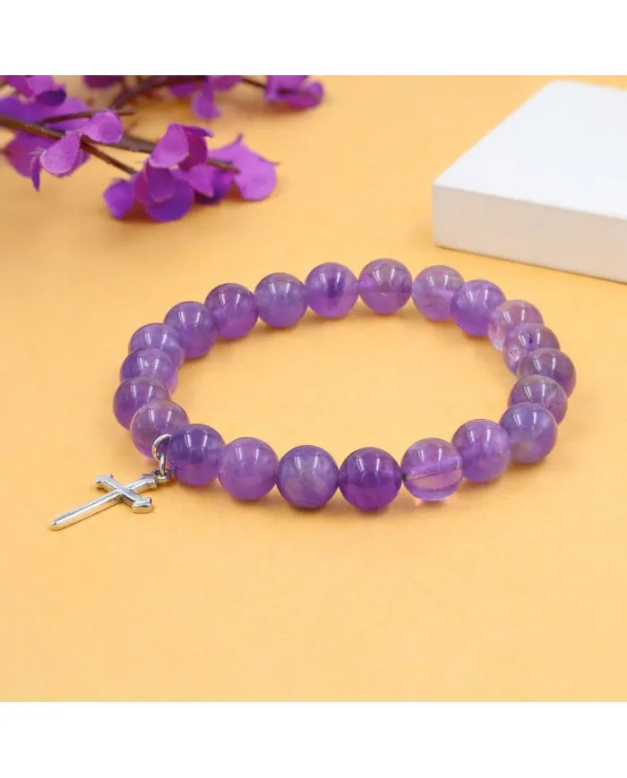 Amethyst Beads Bracelet - 925 Silver Cross Charm Unisex Jewelry