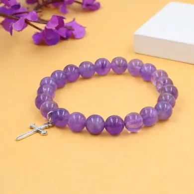 Amethyst Beads Bracelet - 925 Silver Cross Charm Unisex Jewelry
