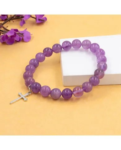 Amethyst Beads Bracelet - 925 Silver Cross Charm Unisex Jewelry