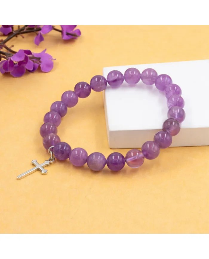 Amethyst Beads Bracelet - 925 Silver Cross Charm Unisex Jewelry
