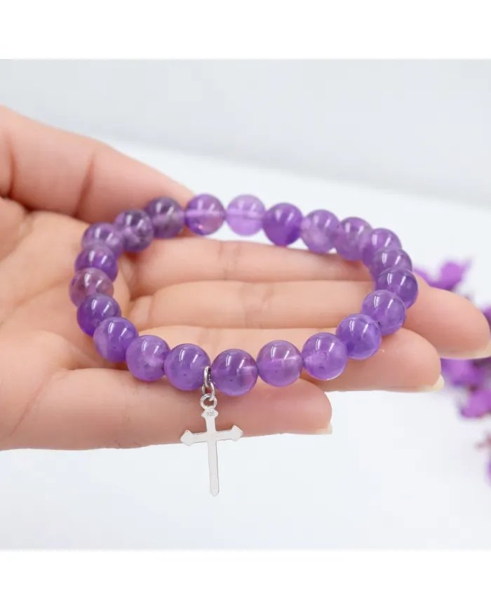 Amethyst Beads Bracelet - 925 Silver Cross Charm Unisex Jewelry