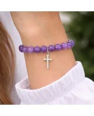 Amethyst Beads Bracelet - 925 Silver Cross Charm Unisex Jewelry