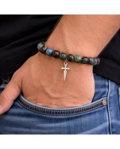 Azurite Malachite Bead Bracelet - 925 Silver Cross Charm Unisex Jewelry