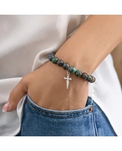 Azurite Malachite Bead Bracelet - 925 Silver Cross Charm Unisex Jewelry