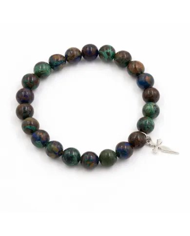 Azurite Malachite Bead Bracelet - 925 Silver Cross Charm Unisex Jewelry