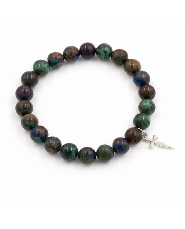 Azurite Malachite Bead Bracelet - 925 Silver Cross Charm Unisex Jewelry