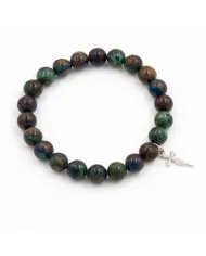 Azurite Malachite Bead Bracelet - 925 Silver Cross Charm Unisex Jewelry