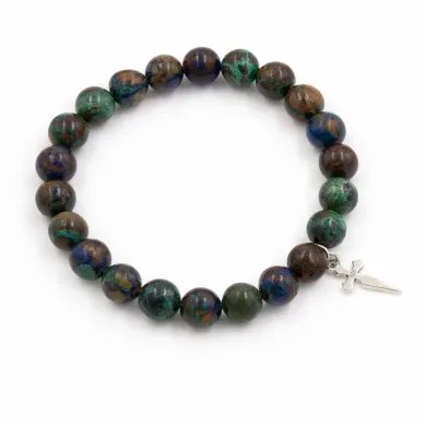 Azurite Malachite Bead Bracelet - 925 Silver Cross Charm Unisex Jewelry
