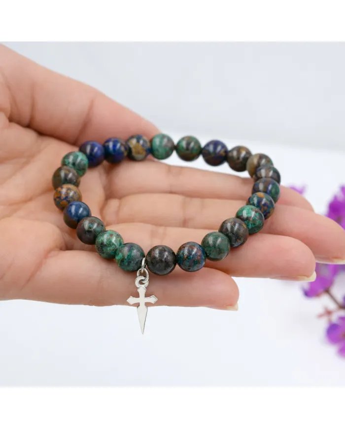 Azurite Malachite Bead Bracelet - 925 Silver Cross Charm Unisex Jewelry