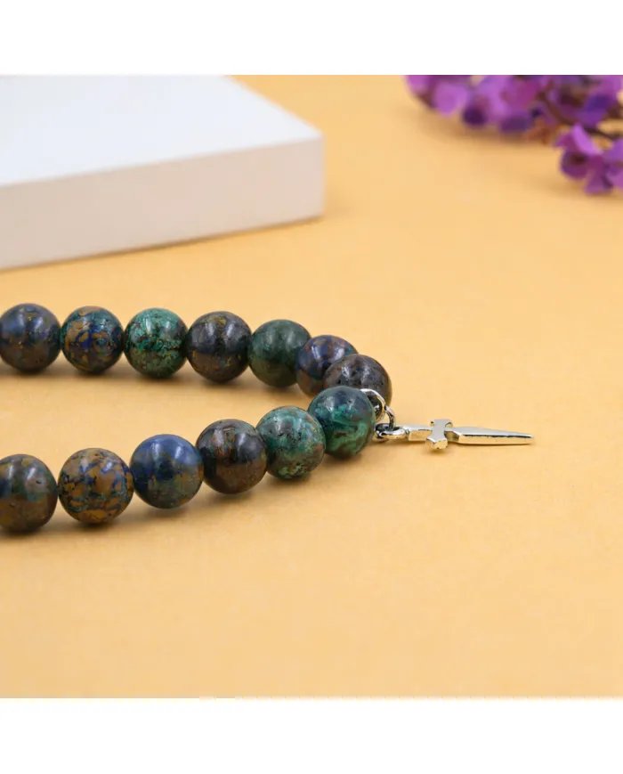 Azurite Malachite Bead Bracelet - 925 Silver Cross Charm Unisex Jewelry