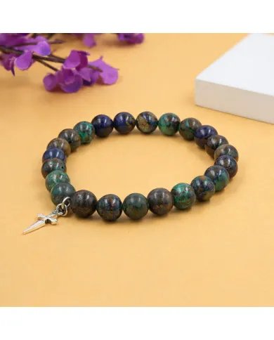 Azurite Malachite Bead Bracelet - 925 Silver Cross Charm Unisex Jewelry