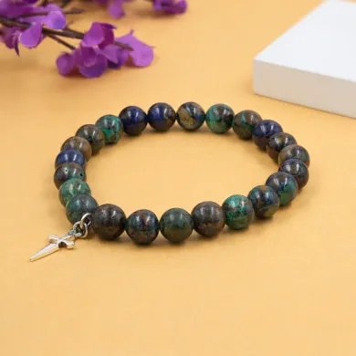 Azurite Malachite Bead Bracelet - 925 Silver Cross Charm Unisex Jewelry