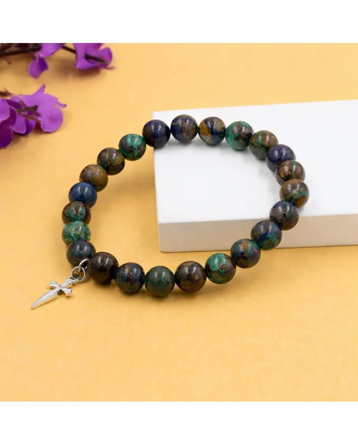 Azurite Malachite Bead Bracelet - 925 Silver Cross Charm Unisex Jewelry