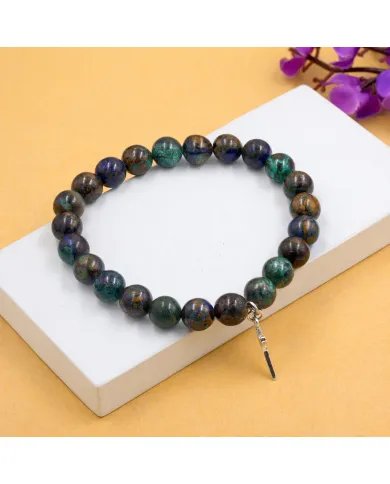 Azurite Malachite Bead Bracelet - 925 Silver Cross Charm Unisex Jewelry