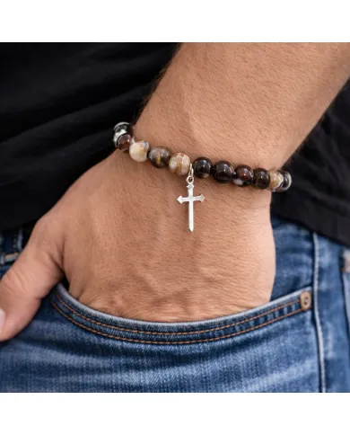 Botswana Agate 8mm Beaded Bracelet with 925 Sterling Silver Cross Charm