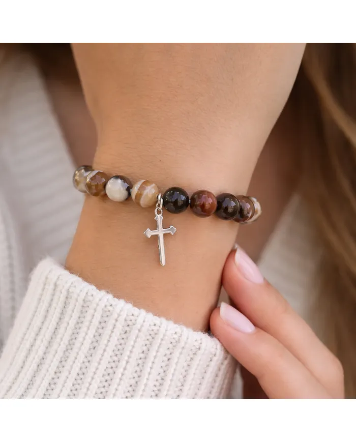 Botswana Agate 8mm Beaded Bracelet with 925 Sterling Silver Cross Charm