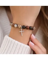 Botswana Agate 8mm Beaded Bracelet with 925 Sterling Silver Cross Charm
