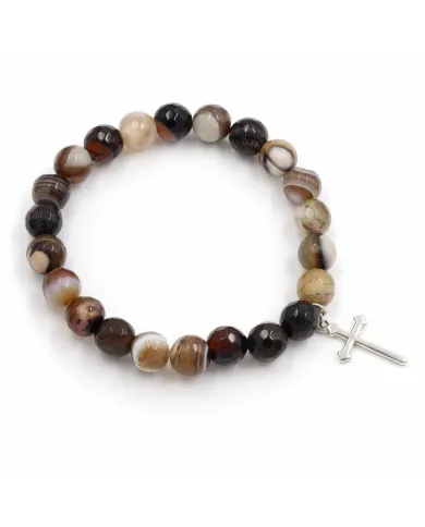 Botswana Agate 8mm Beaded Bracelet with 925 Sterling Silver Cross Charm