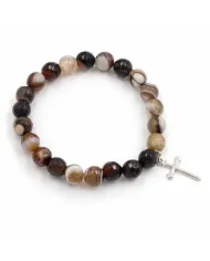 Botswana Agate 8mm Beaded Bracelet with 925 Sterling Silver Cross Charm