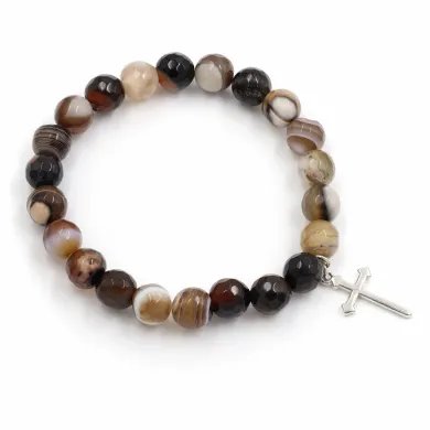 Tourmaline 8mm Beads Bracelet - 925 Silver Cross Charm Unisex Jewelry