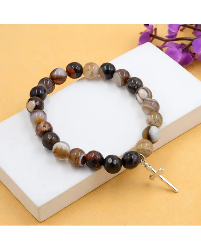 Botswana Agate 8mm Beaded Bracelet with 925 Sterling Silver Cross Charm