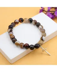 Botswana Agate 8mm Beaded Bracelet with 925 Sterling Silver Cross Charm