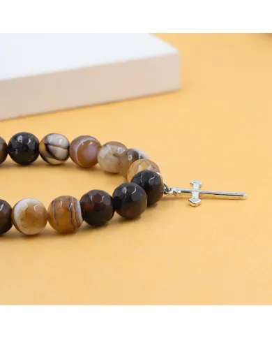 Botswana Agate 8mm Beaded Bracelet with 925 Sterling Silver Cross Charm