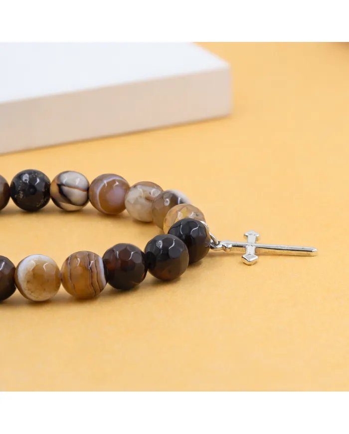 Botswana 8mm Beads Bracelet - 925 Silver Cross Charm Unisex Jewelry