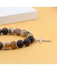 Botswana Agate 8mm Beaded Bracelet with 925 Sterling Silver Cross Charm
