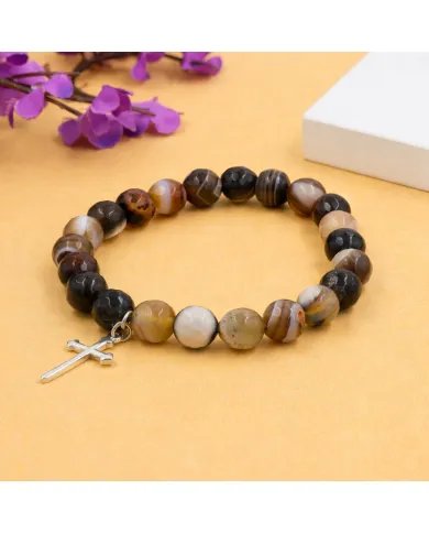 Botswana 8mm Beads Bracelet - 925 Silver Cross Charm Unisex Jewelry