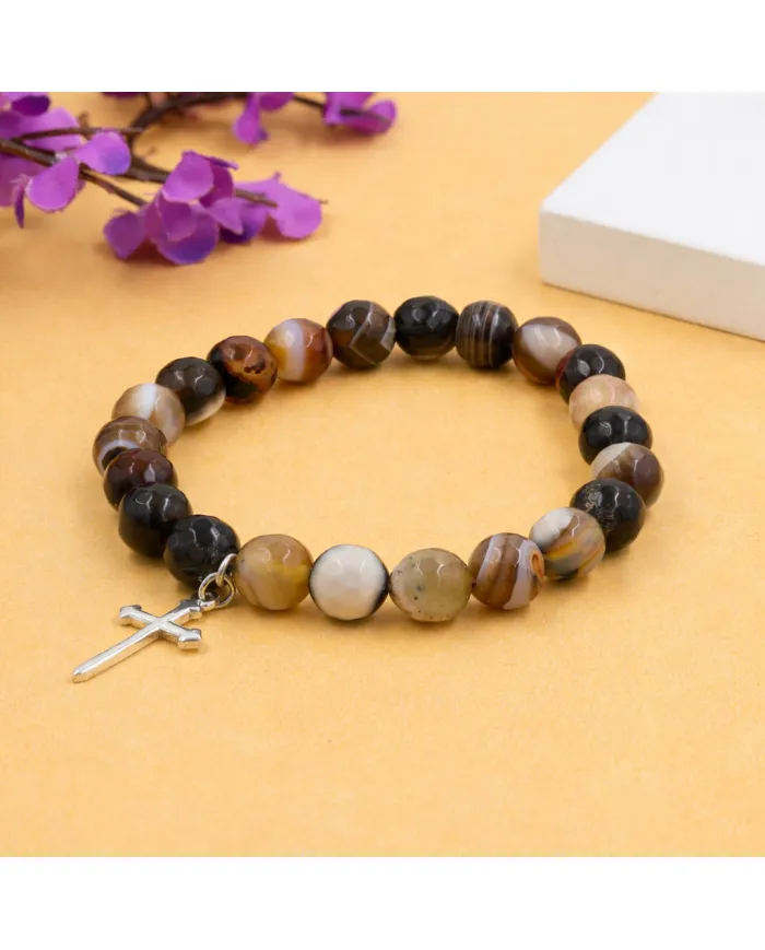 Botswana Agate 8mm Beaded Bracelet with 925 Sterling Silver Cross Charm