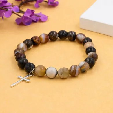 Botswana 8mm Beads Bracelet - 925 Silver Cross Charm Unisex Jewelry