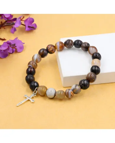 Botswana Agate 8mm Beaded Bracelet with 925 Sterling Silver Cross Charm