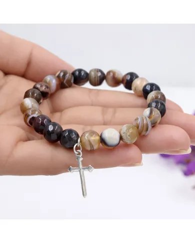Botswana 8mm Beads Bracelet - 925 Silver Cross Charm Unisex Jewelry
