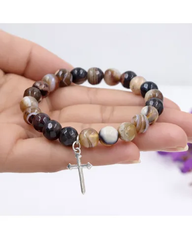 Botswana Agate 8mm Beaded Bracelet with 925 Sterling Silver Cross Charm